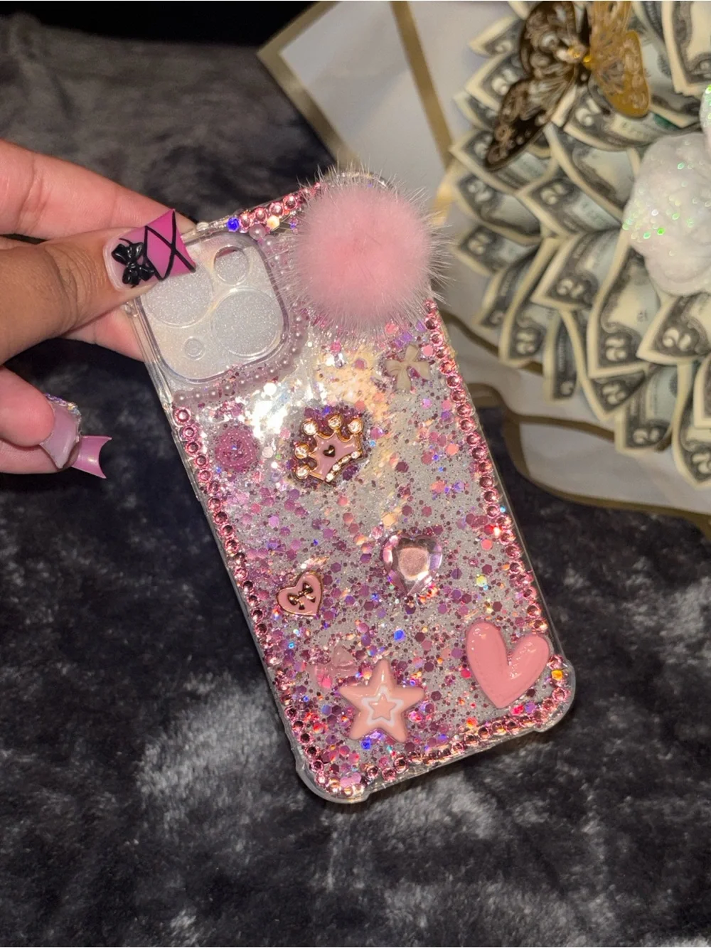 Pink Glitter Pom Phone Case with Decorative Charms